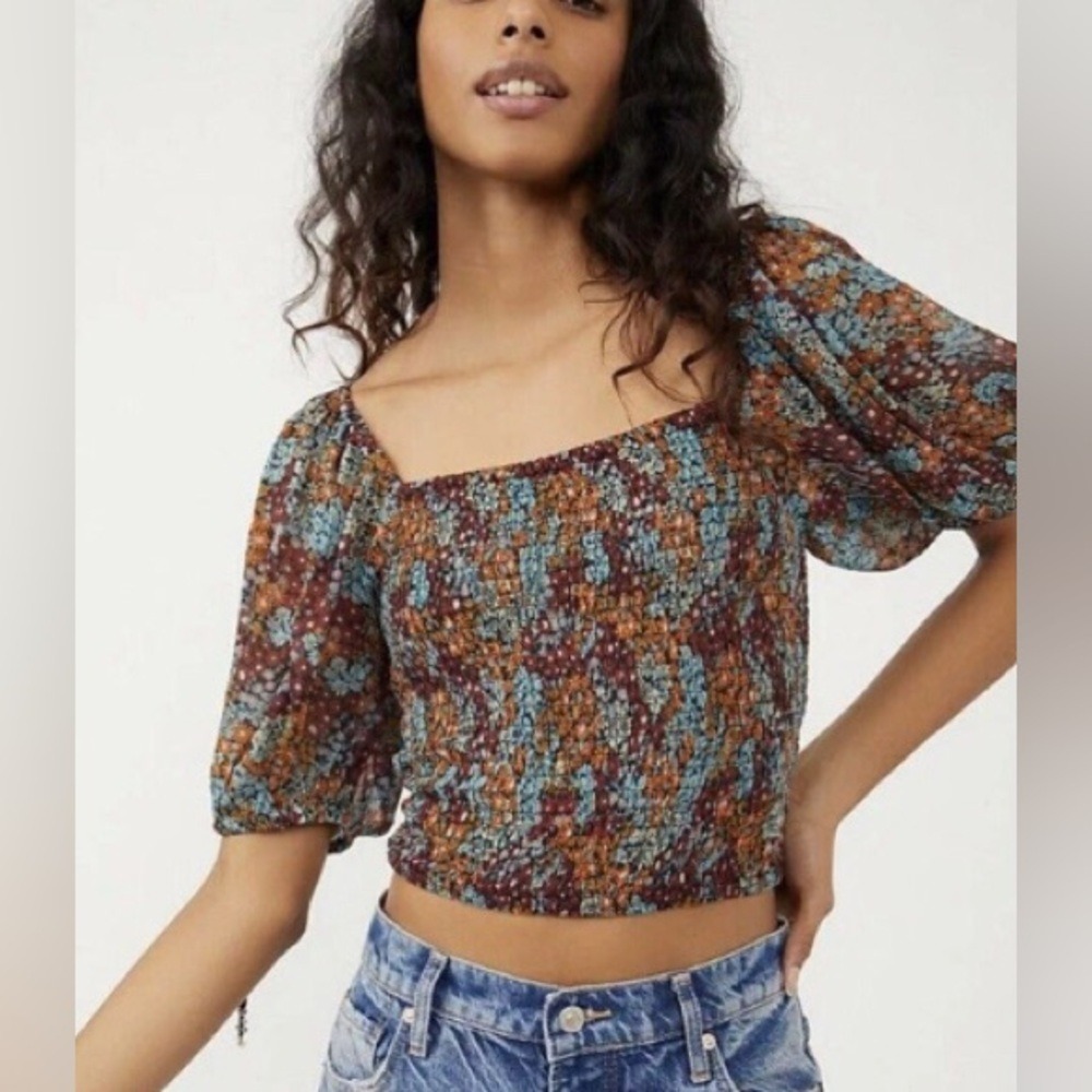 Free People Women's XS Back On Top Smocked Floral Bohemian Blouse NEW